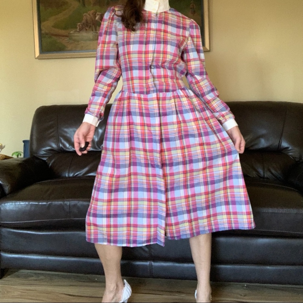 High collar vintage plaid dress, late 60s era